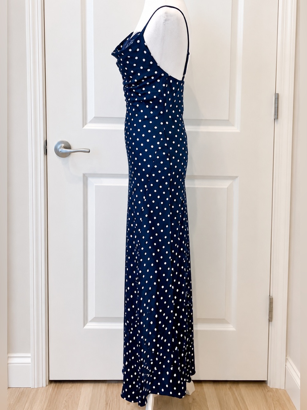 NWT Jessica Simpson Navy Polka Dot Lace Cowl Neck Maxi Dress XL - Picture 3 of 14